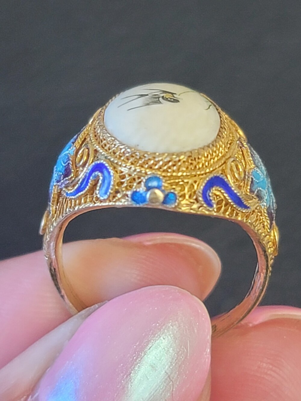 RARE Antique Ring, Hand-Painted Bird Porcelain Cameo, Gold Vermail Over Silver - Picture 8 of 11